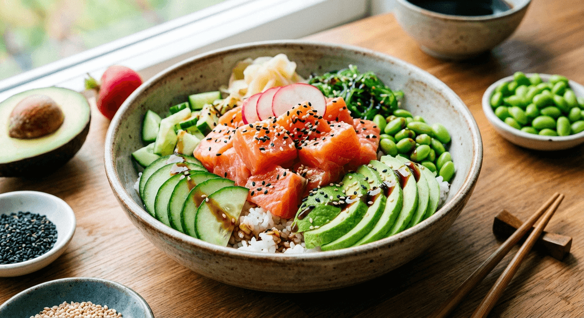 Gourmet Poke Bowl with Eel, Spicy Salmon, and Mango – Next-Level Island Flavors