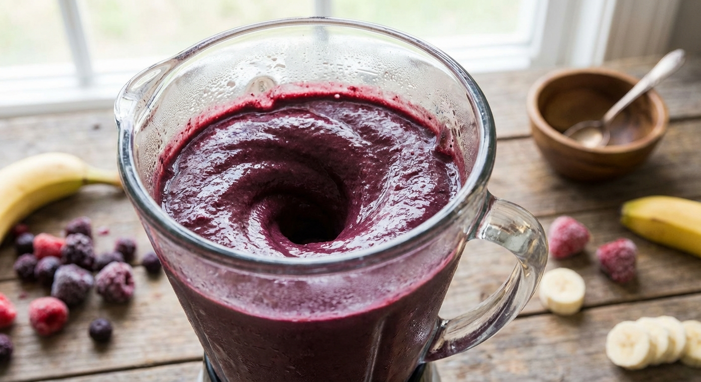 Thick purple acai mixture being blended in a blender, smooth and creamy texture