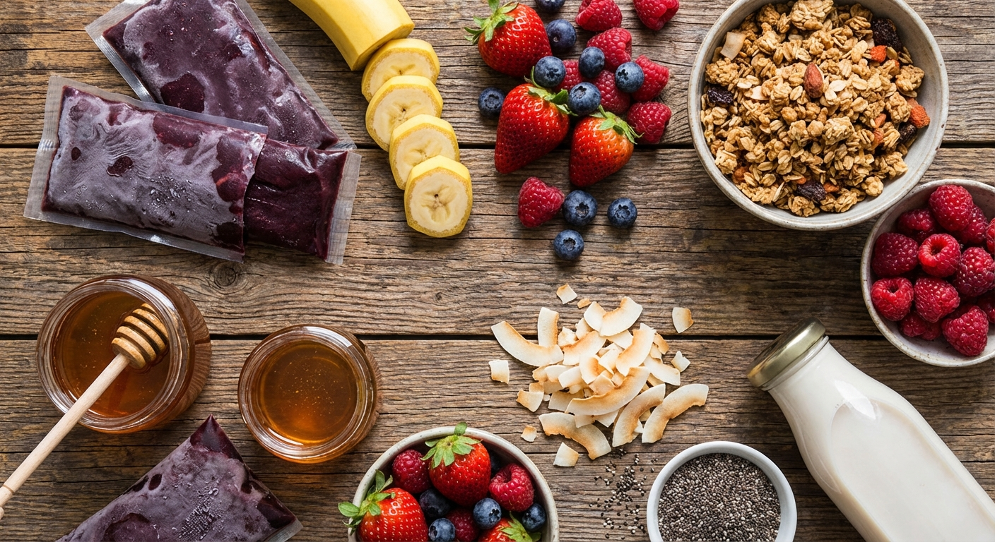 Overhead flat lay of acai bowl ingredients including frozen acai packets, bananas, berries, granola, honey, coconut flakes, chia seeds, and almond milk