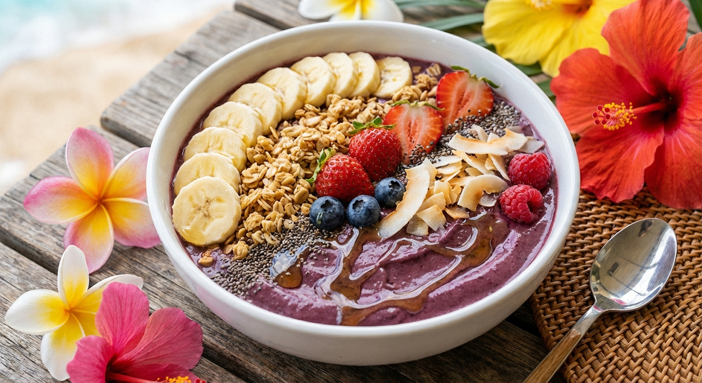 Beautiful Hawaiian acai bowl with thick purple acai base topped with sliced banana, granola, fresh berries, coconut flakes, chia seeds, and honey drizzle