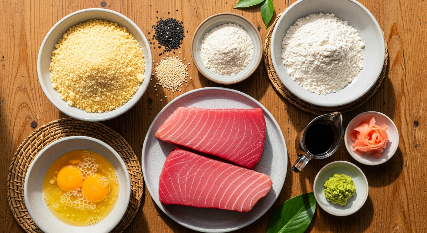 Flat lay of ahi katsu ingredients: fresh sushi-grade ahi tuna, panko breadcrumbs, flour, beaten eggs, sesame seeds, soy sauce, wasabi, and pickled ginger arranged on a clean surface