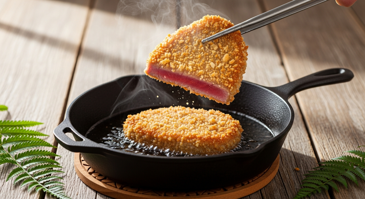 Panko-crusted ahi tuna being seared in a hot skillet, golden crispy crust forming on the outside with oil sizzling around the fish
