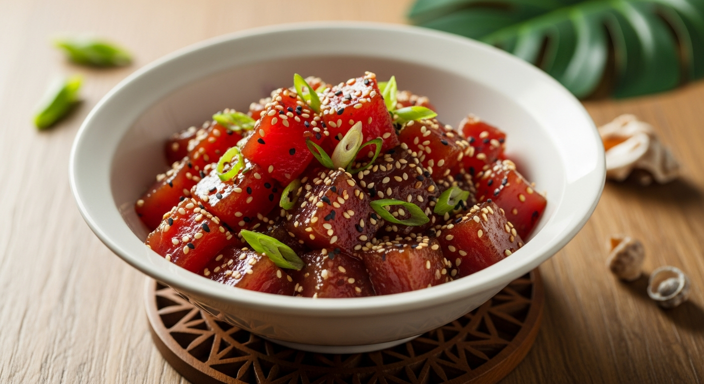 Beautiful finished poke bowls with colorful toppings — ahi poke over rice with avocado, edamame, mango, and furikake