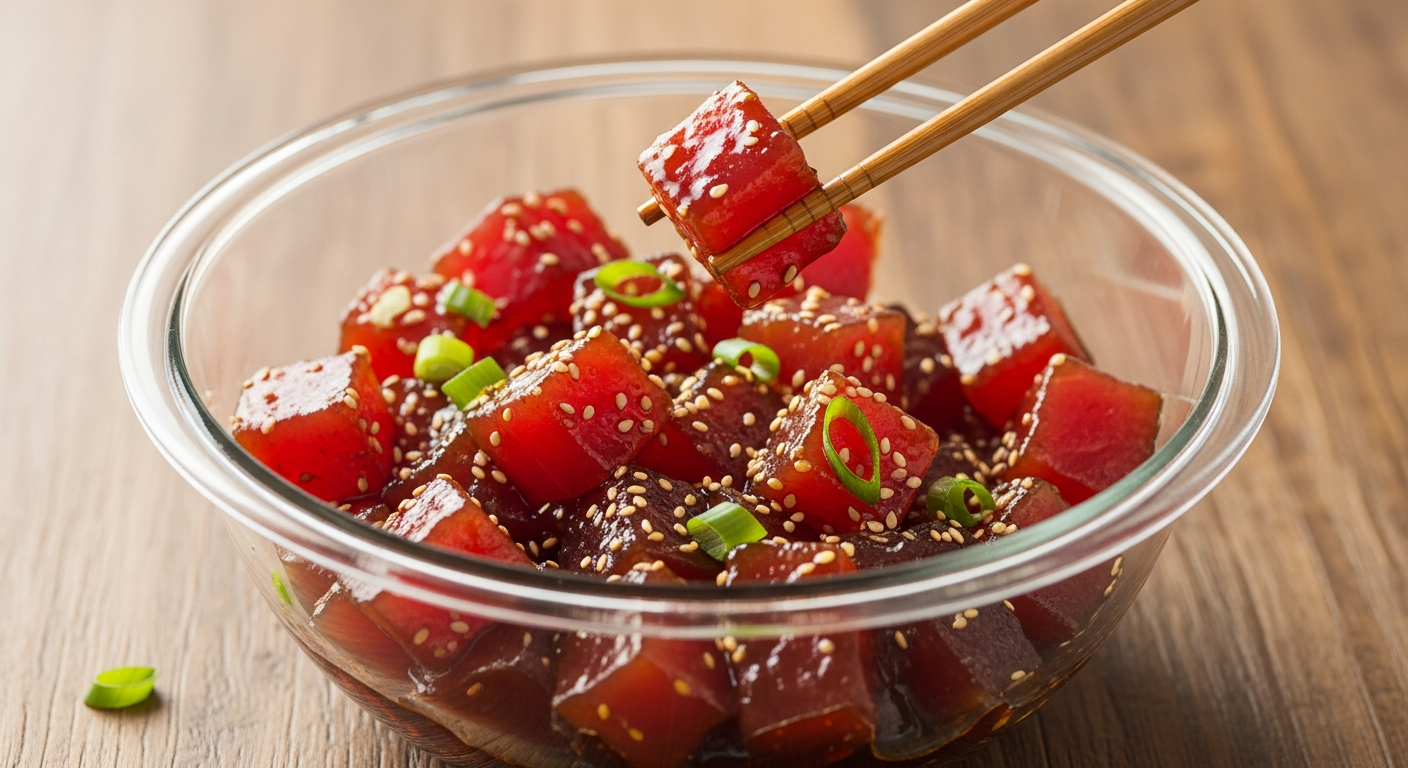 Mixing fresh ahi poke in a bowl — cubed tuna being tossed with shoyu, sesame oil, and seasonings