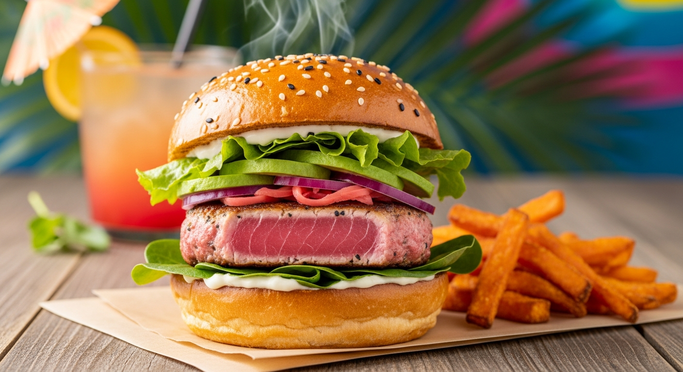 Ahi Tuna Burger on a Sweet Hawaiian Bun – Beyond the Poke Bowl