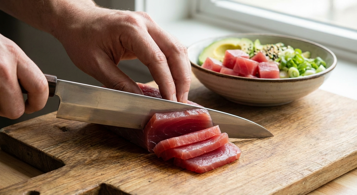 Sashimi-grade ahi tuna being sliced with a sharp yanagiba knife showing clean precise cuts for poke