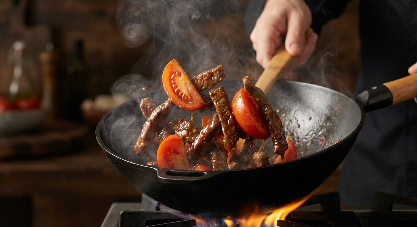 Beef strips and tomato wedges being stir-fried in a hot wok with steam rising, high heat Chinese-Hawaiian wok cooking