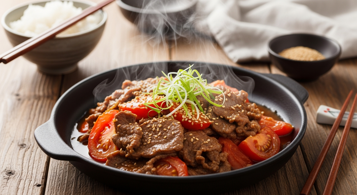 Hawaiian-style beef tomato stir-fry with tender slices of flank steak and juicy tomato wedges, the kind of dish that demands a proper carbon steel wok