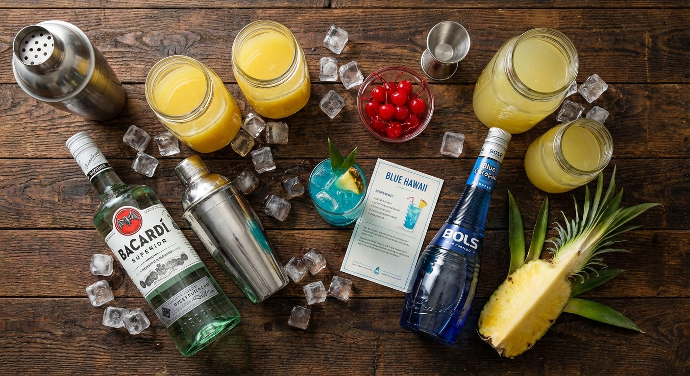 Flat lay of blue hawaii cocktail ingredients including white rum, blue curacao, pineapple juice, sweet and sour mix, ice, pineapple wedge, and cherry on a bar surface
