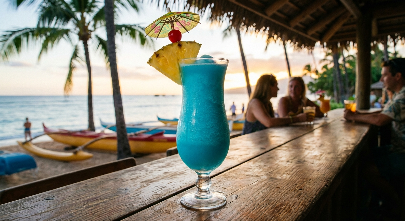 Blue hawaii cocktail in a hurricane glass with vibrant electric blue frozen drink garnished with a pineapple wedge, cherry, and paper umbrella in a tropical Hawaiian beach bar with ocean view