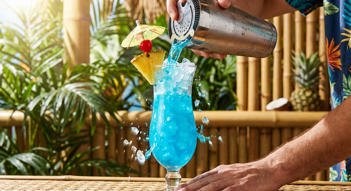 Blue hawaii cocktail being poured from a shaker into a glass with vibrant blue liquid flowing over ice in a tropical bar setting