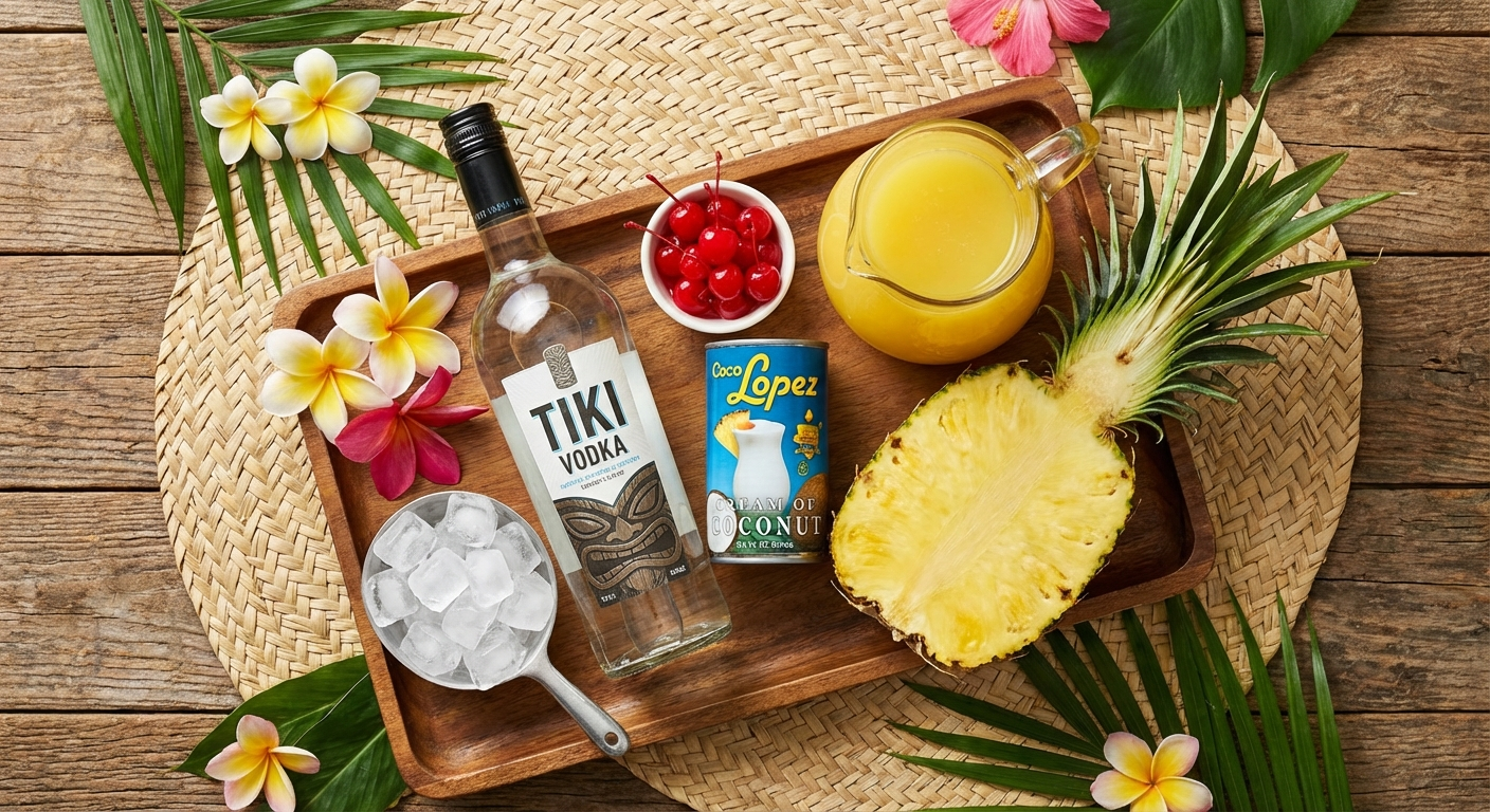 Flat lay of chi chi cocktail ingredients including vodka, cream of coconut, pineapple juice, fresh pineapple, cherries, and ice arranged on a tropical surface