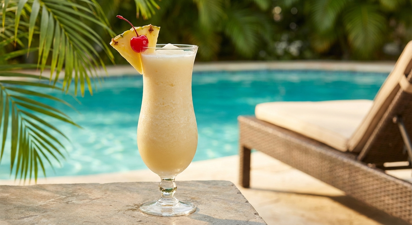 Chi chi cocktail served in a hurricane glass, frozen creamy white drink garnished with a pineapple wedge and maraschino cherry in a tropical poolside setting