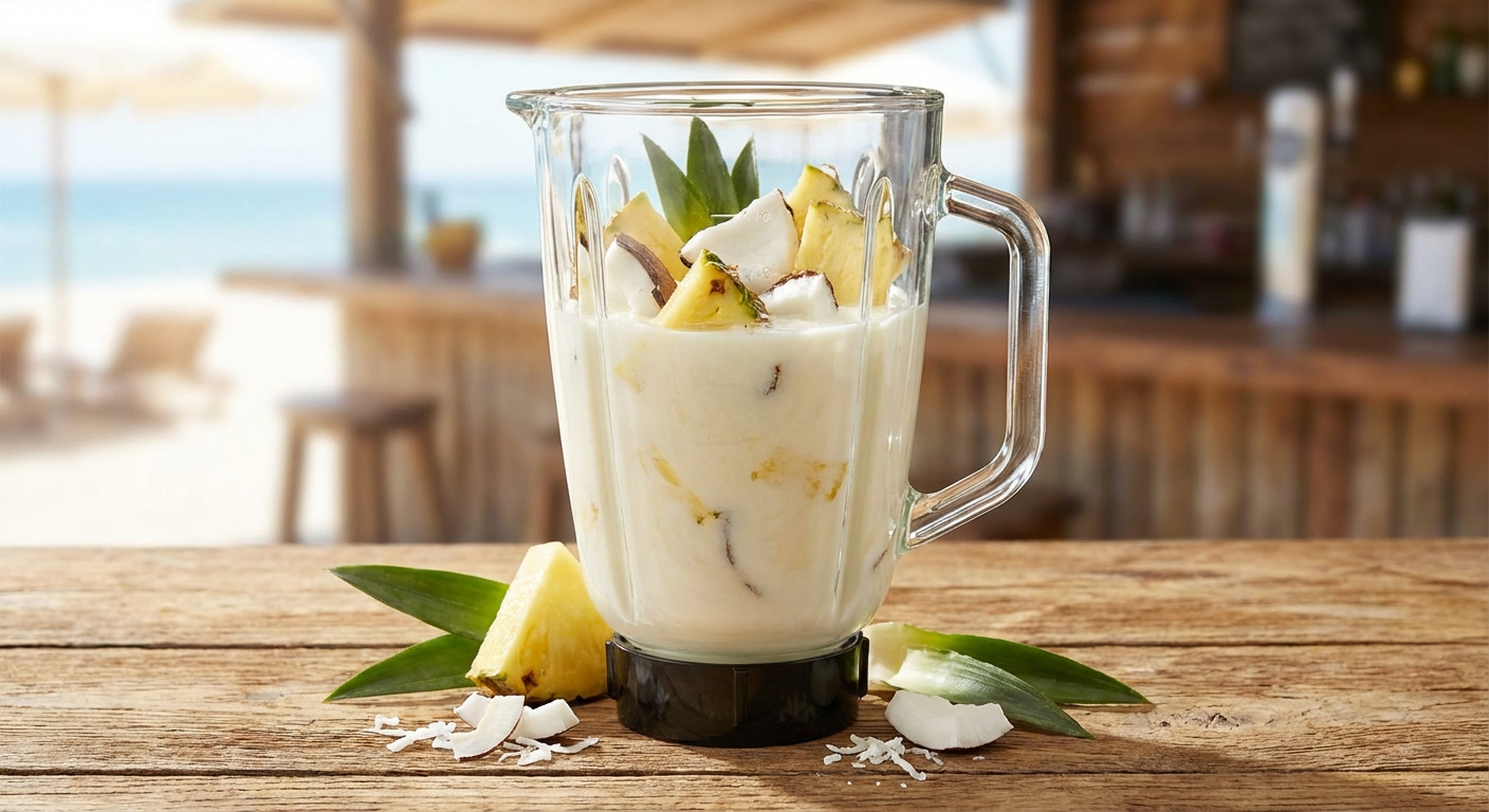 Chi chi cocktail being blended with creamy white tropical mixture visible in blender with pineapple and coconut