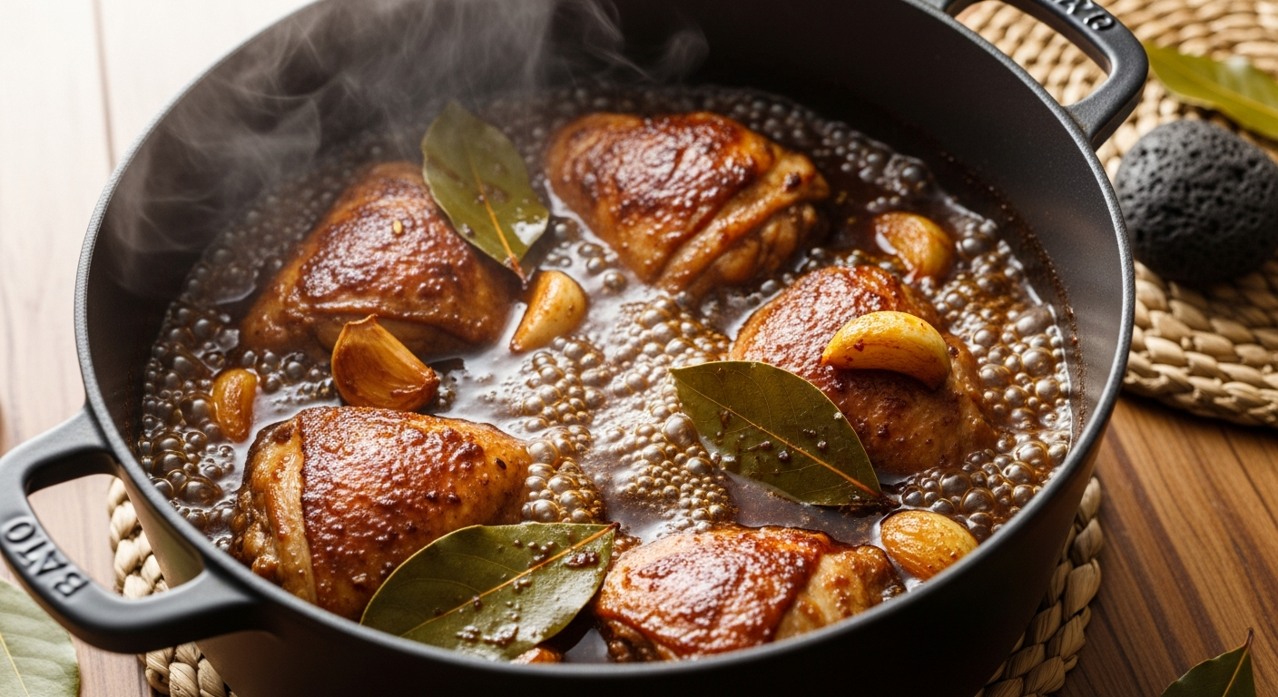 Chicken adobo braising in a Dutch oven with chicken pieces simmering in dark soy-vinegar sauce, garlic cloves and bay leaves visible, steam rising from the pot