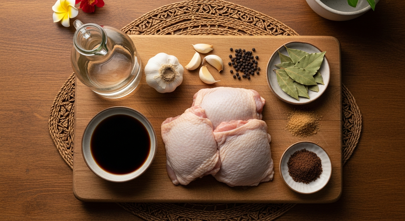 Flat lay of chicken adobo ingredients: bone-in chicken thighs, soy sauce, white vinegar, crushed garlic cloves, bay leaves, black peppercorns, and brown sugar arranged on a rustic wooden cutting board