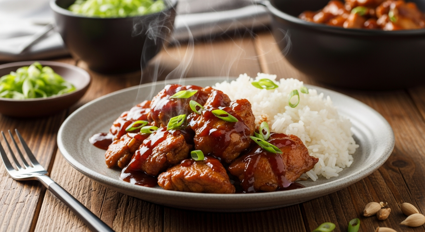 Plated chicken adobo served over steamed white rice on a ceramic plate, glossy dark sauce over tender chicken pieces garnished with sliced green onions