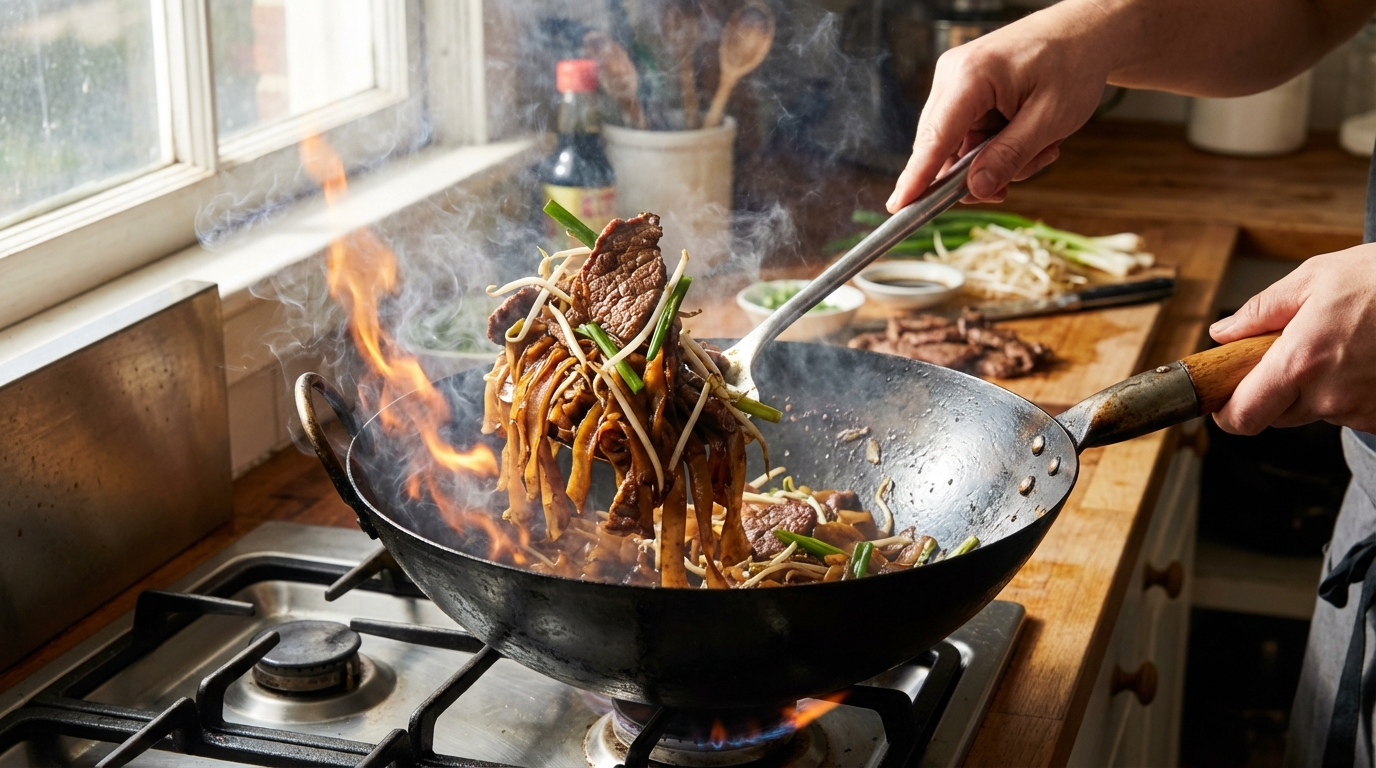 Wide rice noodles being tossed in a smoking hot wok with visible wok hei flames, deep brown noodles with charred edges during stir-frying