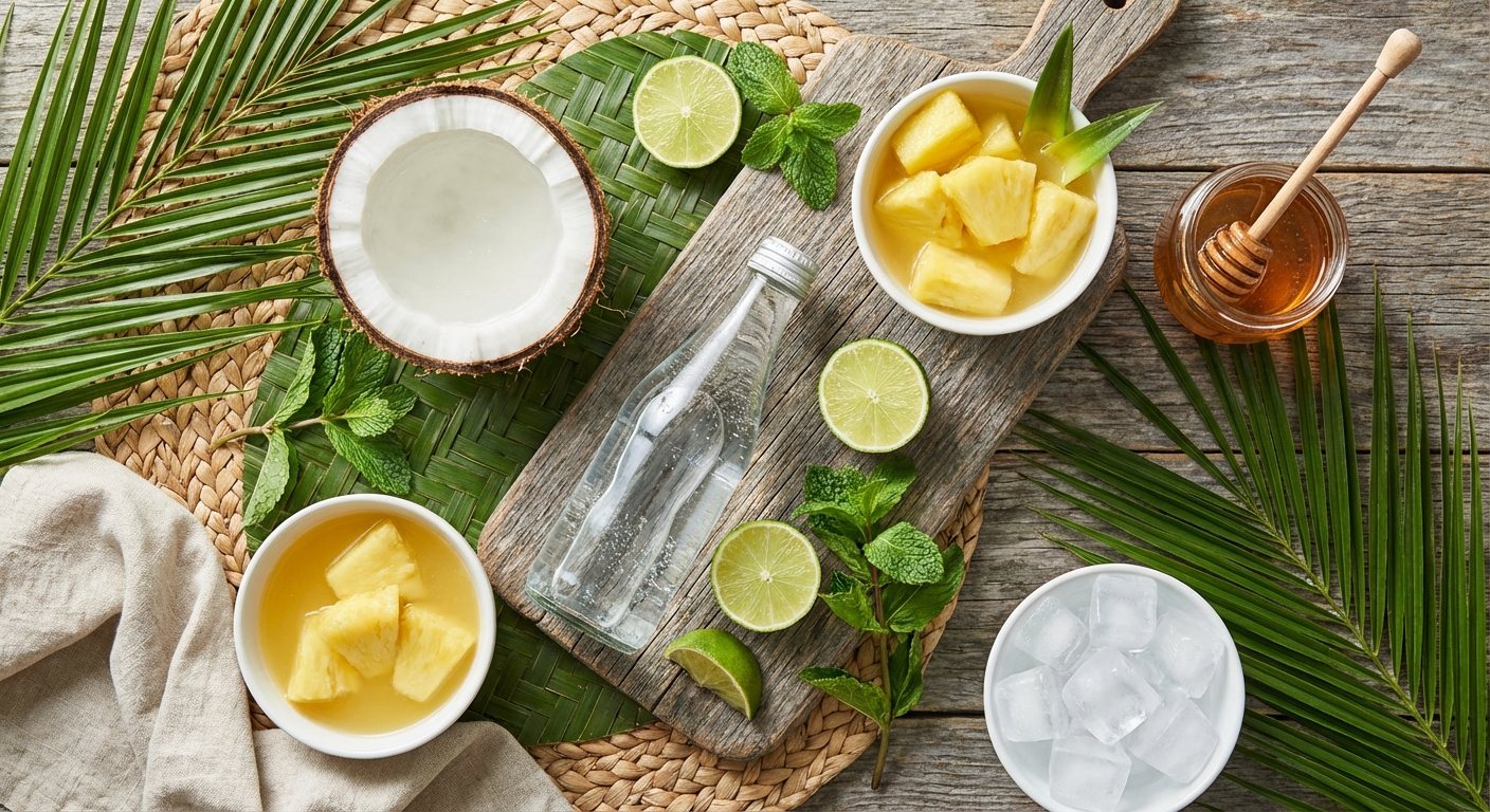 Overhead flat lay of coconut water mocktail ingredients including fresh coconut water, lime, mint, pineapple juice, sparkling water, honey, and ice on a tropical surface