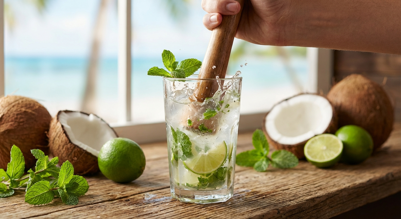 Coconut water mocktail being mixed in a glass with lime and mint being muddled for a fresh tropical preparation
