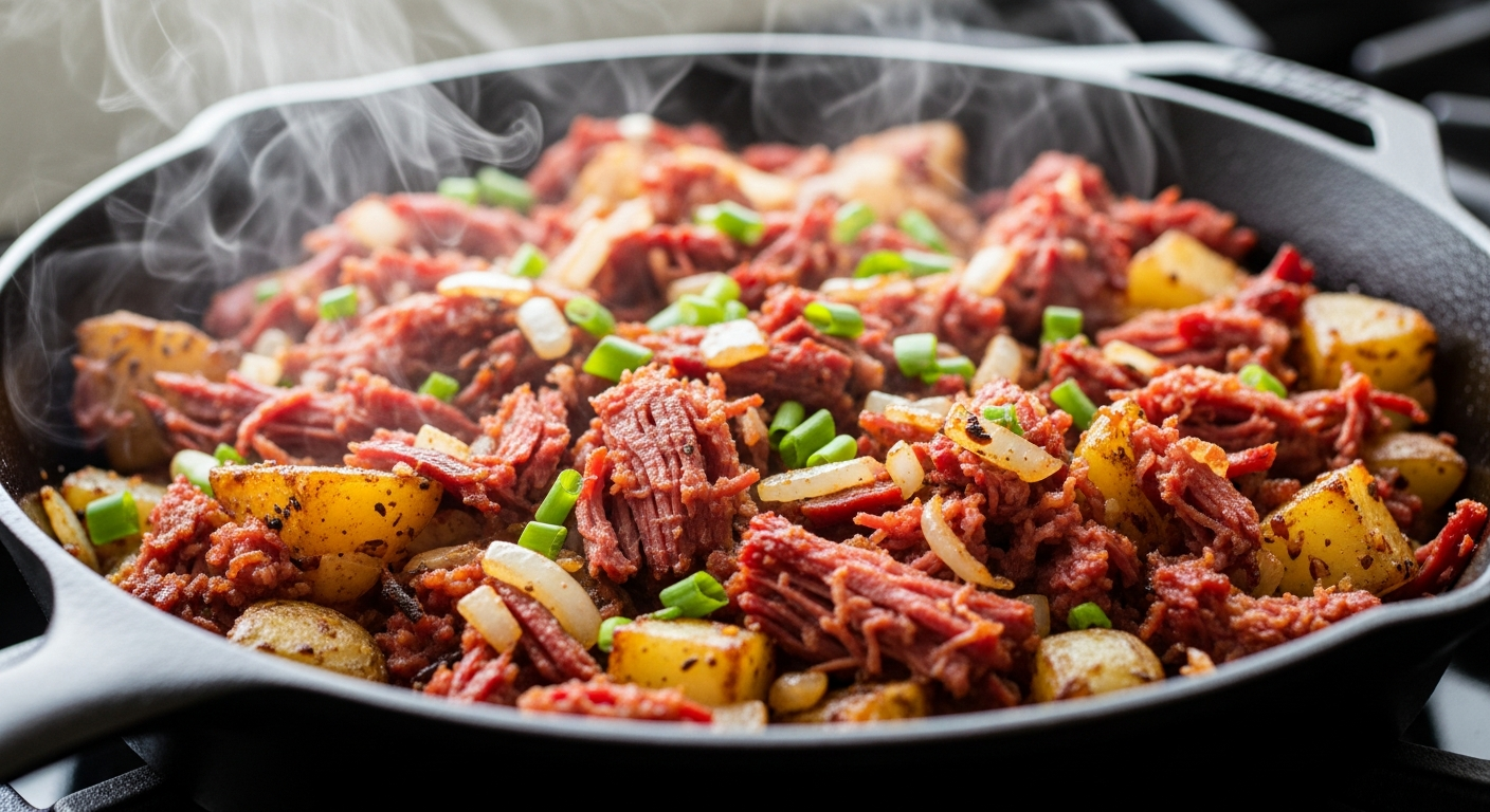 Corned beef hash crisping in a cast iron skillet with caramelized edges, onions, and garlic sizzling over high heat