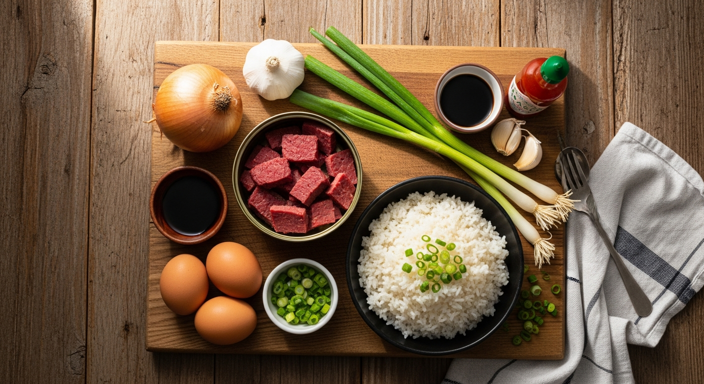 Flat lay of corned beef hash ingredients: canned corned beef, diced onion, garlic, eggs, white rice, green onions, soy sauce, and hot sauce on a rustic cutting board