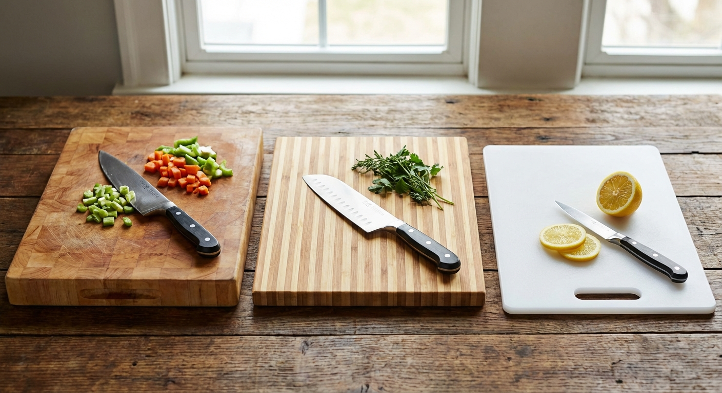 Three cutting boards side by side on a kitchen counter - wooden, bamboo, and plastic - with a knife, showing the comparison for Hawaiian cooking