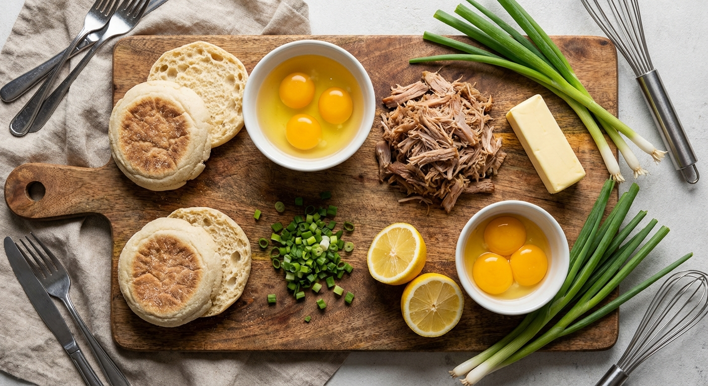 Overhead flat lay of Hawaiian eggs benedict ingredients including English muffins, eggs, kalua pork, butter, lemon, egg yolks, and green onions on a cutting board
