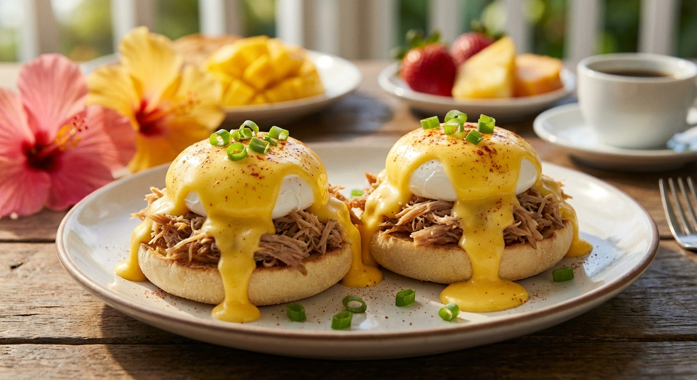 Hawaiian eggs benedict plated with two halves topped with shredded kalua pork, perfectly poached eggs, and golden hollandaise, garnished with green onions and paprika