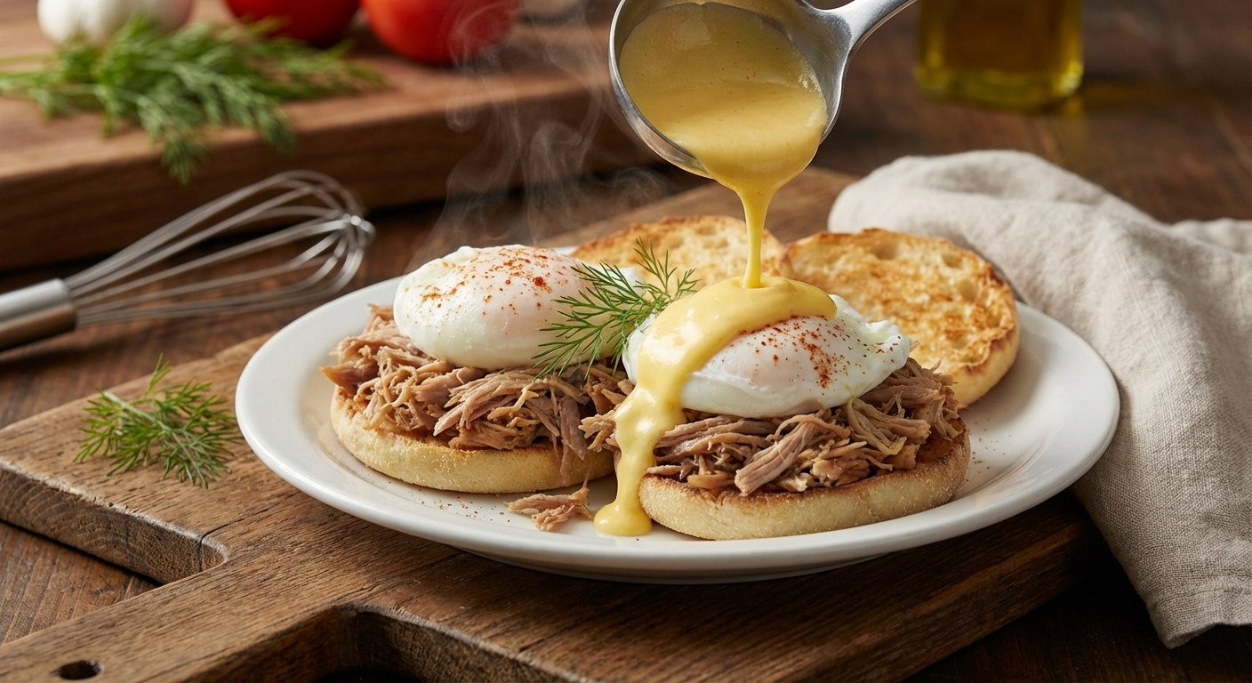Hollandaise sauce being drizzled over poached eggs sitting on pulled kalua pork and English muffins with steam rising