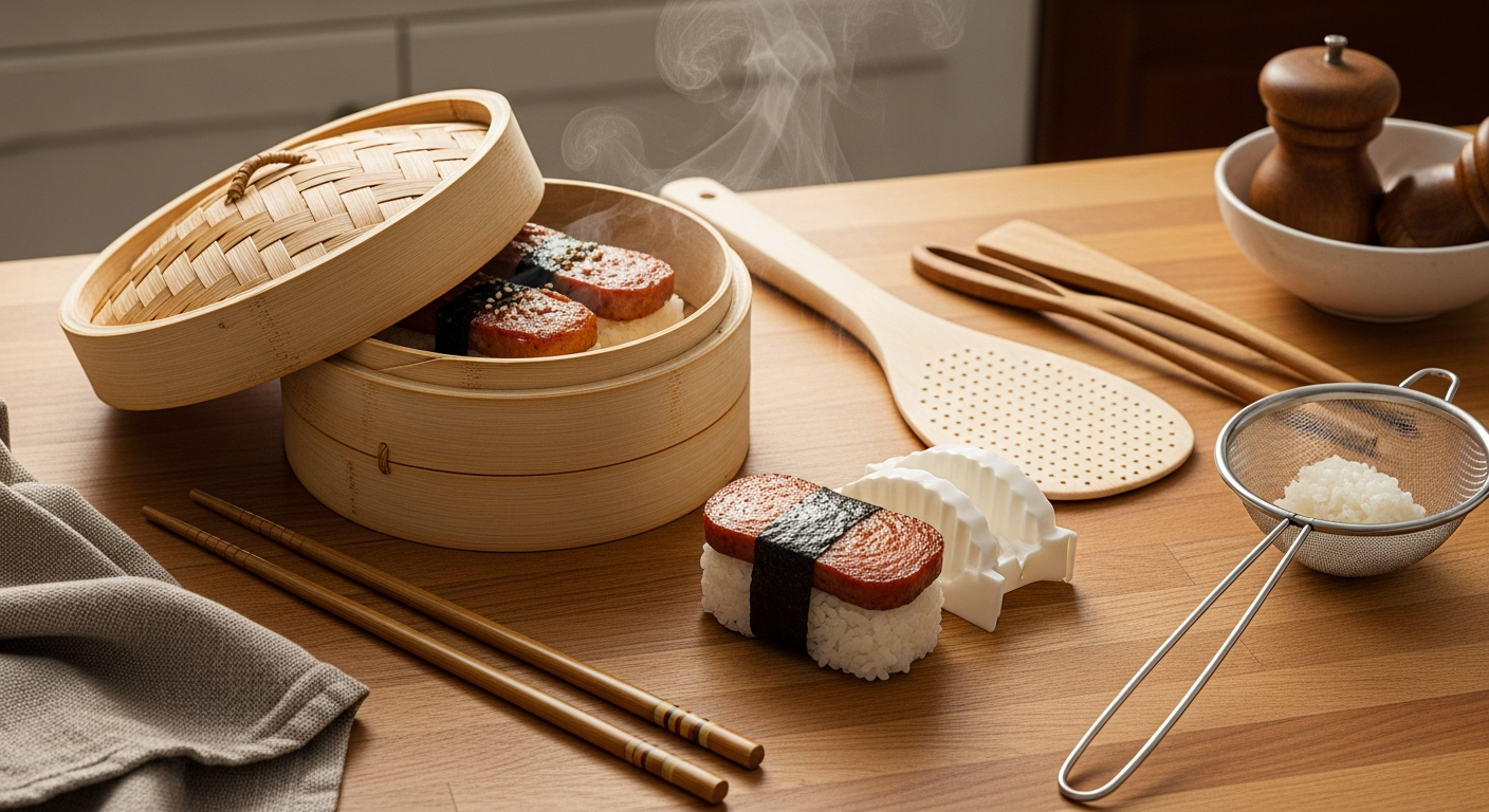Essential Hawaiian kitchen tools and utensils laid out, showing the diverse cookware and equipment that make local-style cooking possible