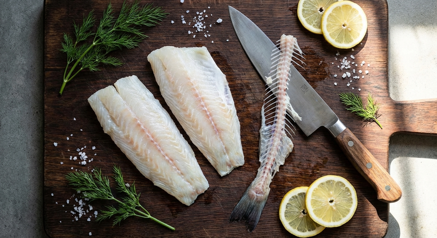 Clean fish fillets laid out on a cutting board alongside the fish skeleton and a sharp knife, showing the finished result of breaking down a whole fish
