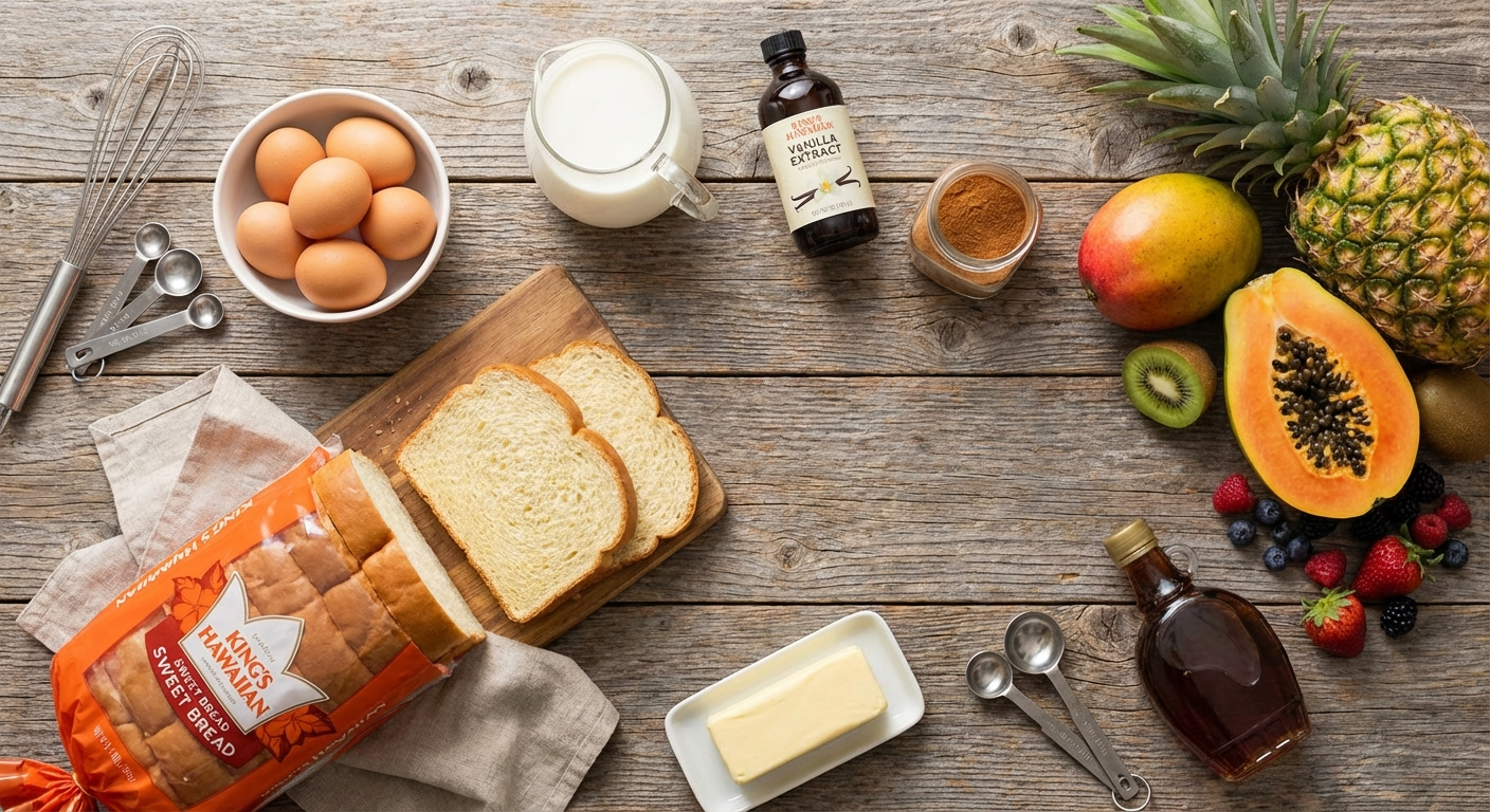 Overhead flat lay of Hawaiian sweet bread French toast ingredients including Kings Hawaiian bread, eggs, milk, vanilla, cinnamon, butter, maple syrup, and tropical fruit on a wooden surface