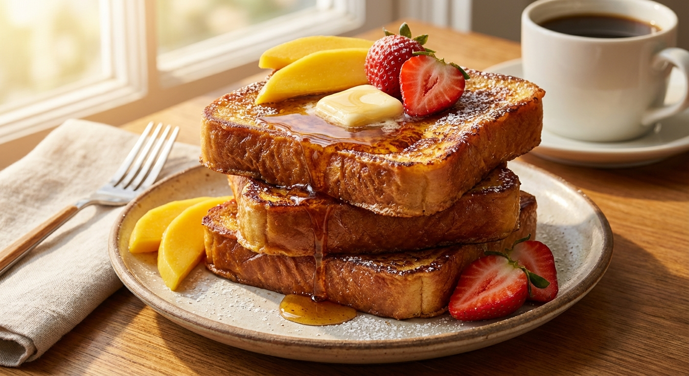 Hawaiian sweet bread French toast stacked on a plate with butter, maple syrup, fresh mango and strawberries, and powdered sugar in warm morning light