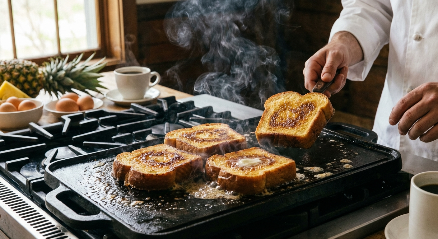 Thick slices of Hawaiian sweet bread cooking on a griddle, golden brown and caramelizing with butter sizzling
