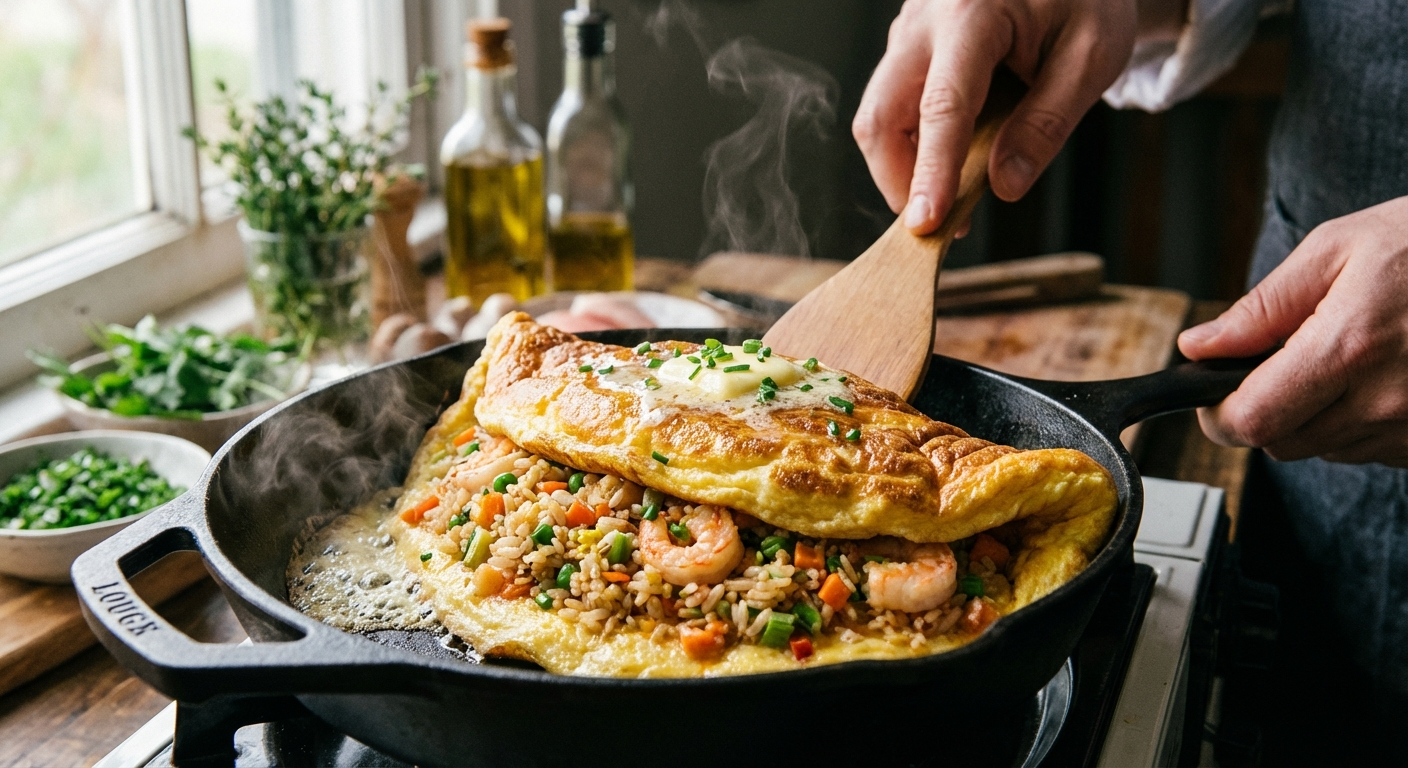 Fluffy golden omelette being folded over fried rice in a pan, egg wrapping around rice filling