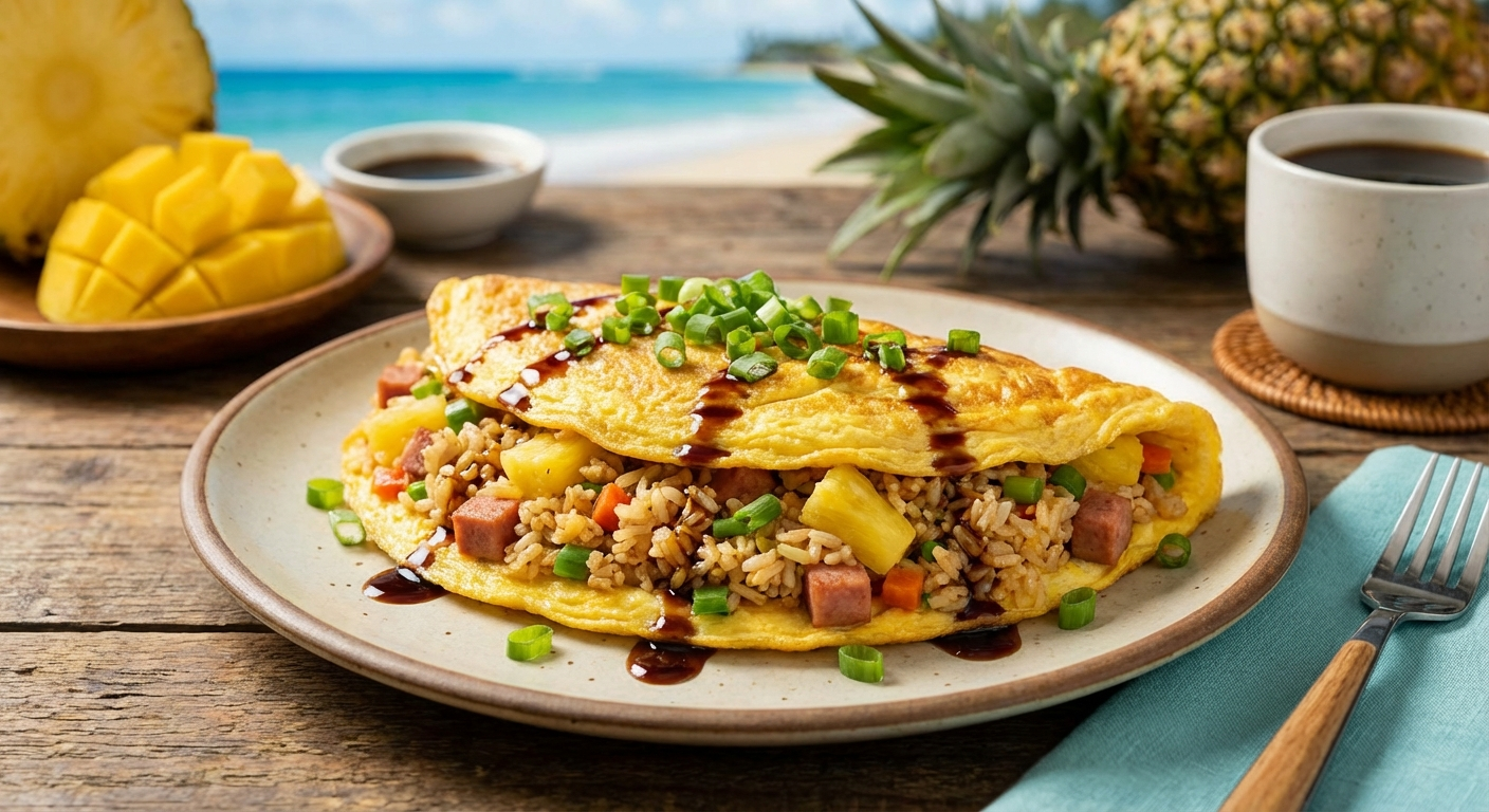 Golden fluffy egg omelette stuffed with Hawaiian fried rice, topped with green onions and drizzled with soy sauce on a plate