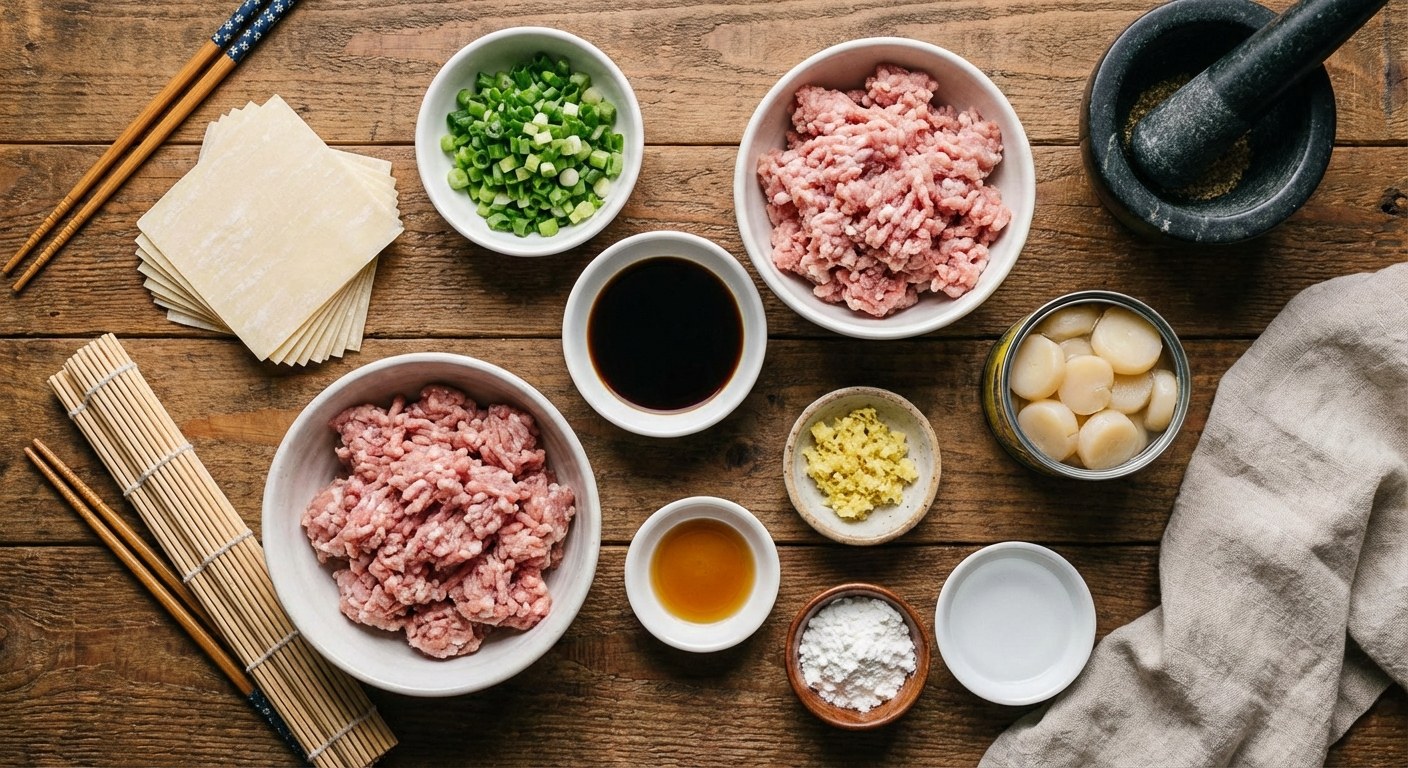 Overhead flat lay of Hawaiian fried wonton ingredients including wonton wrappers, ground pork, green onions, soy sauce, sesame oil, ginger, and water chestnuts arranged in prep bowls