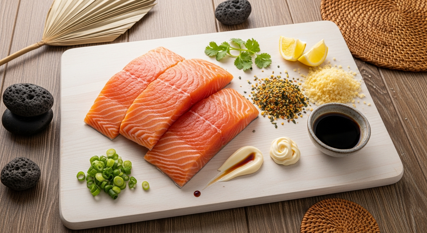 Salmon fillets, furikake seasoning, mayonnaise, soy sauce, and sesame oil arranged on a cutting board — all the ingredients for furikake salmon