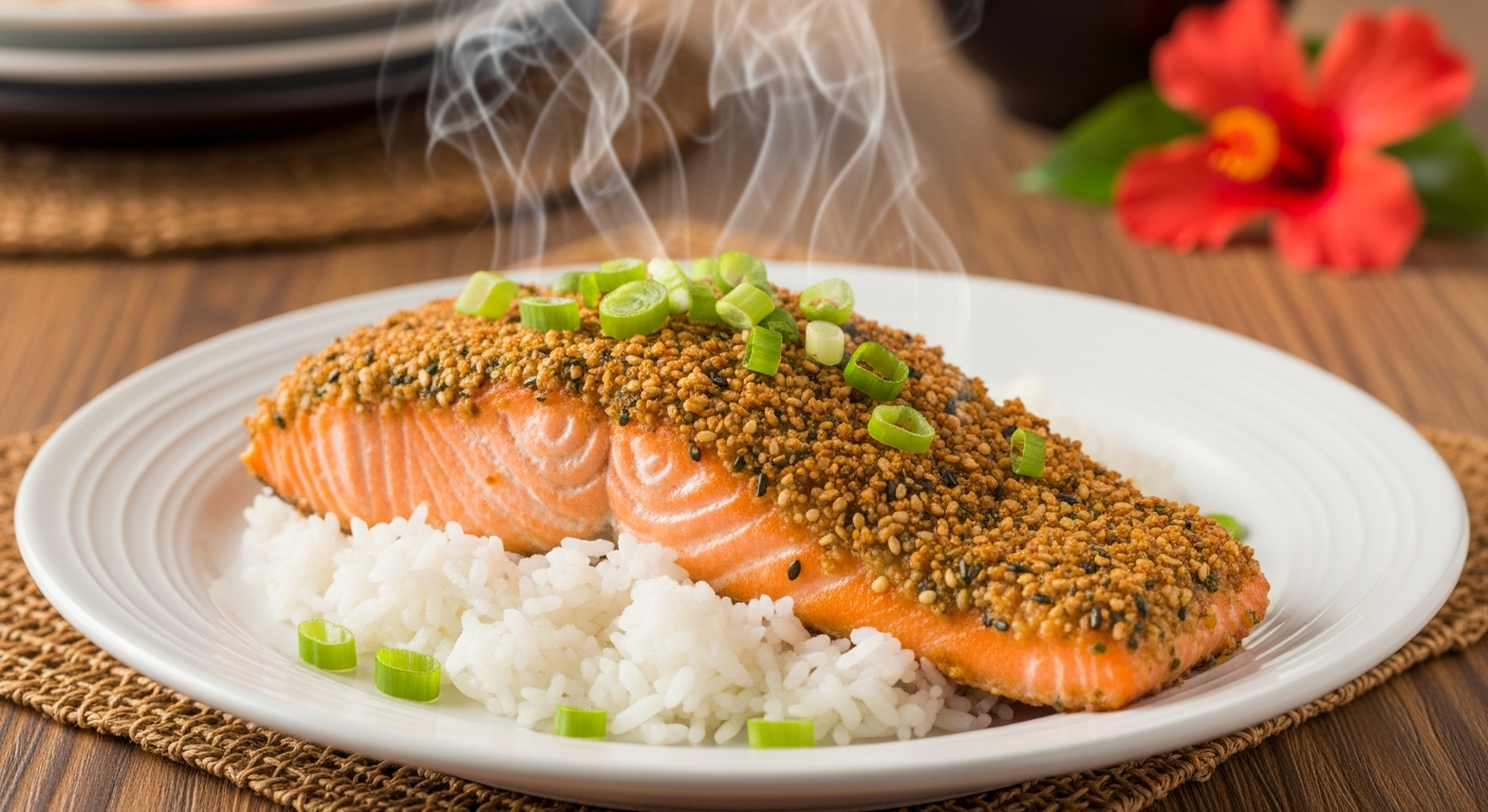 Crispy furikake crusted salmon served over steamed white rice, garnished with green onions and sesame seeds