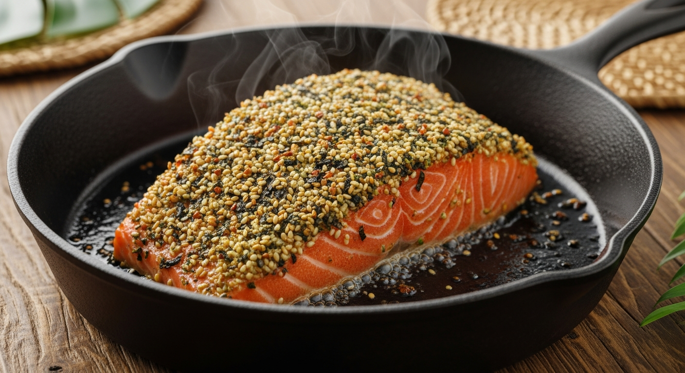 Furikake-crusted salmon searing in a hot skillet, the nori and sesame crust turning golden and crispy