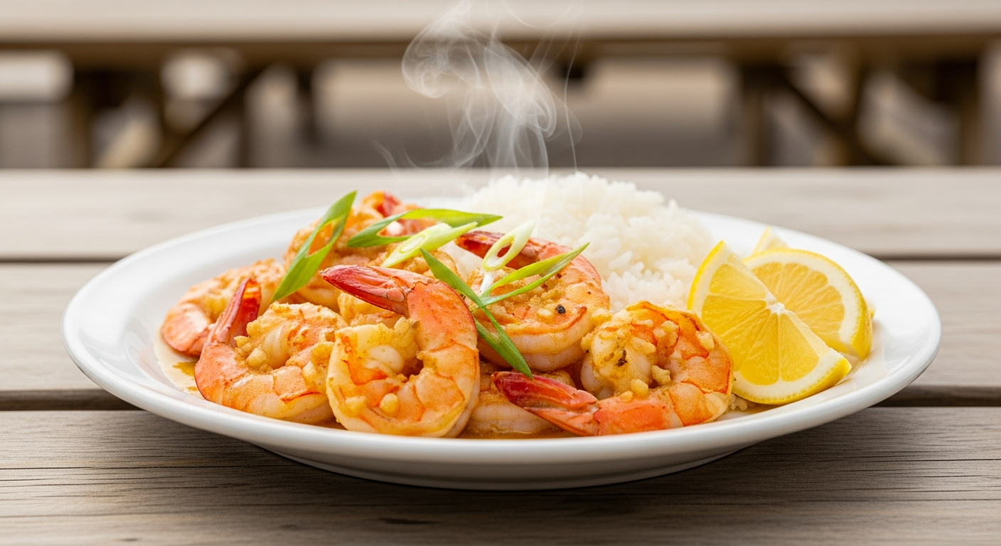Hawaiian garlic shrimp glistening with butter and garlic sauce, a classic North Shore dish that comes alive when cooked at high heat in a well-seasoned wok