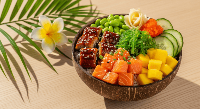 Gourmet Poke Bowl with Eel, Spicy Salmon, and Mango – Next-Level Island Flavors