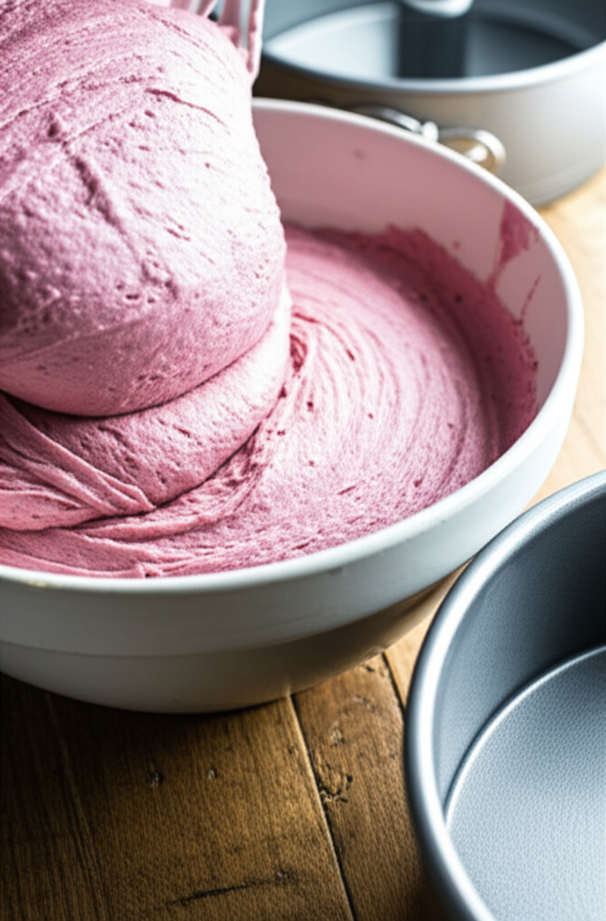 Folding pink guava batter with whipped egg whites for guava chiffon cake