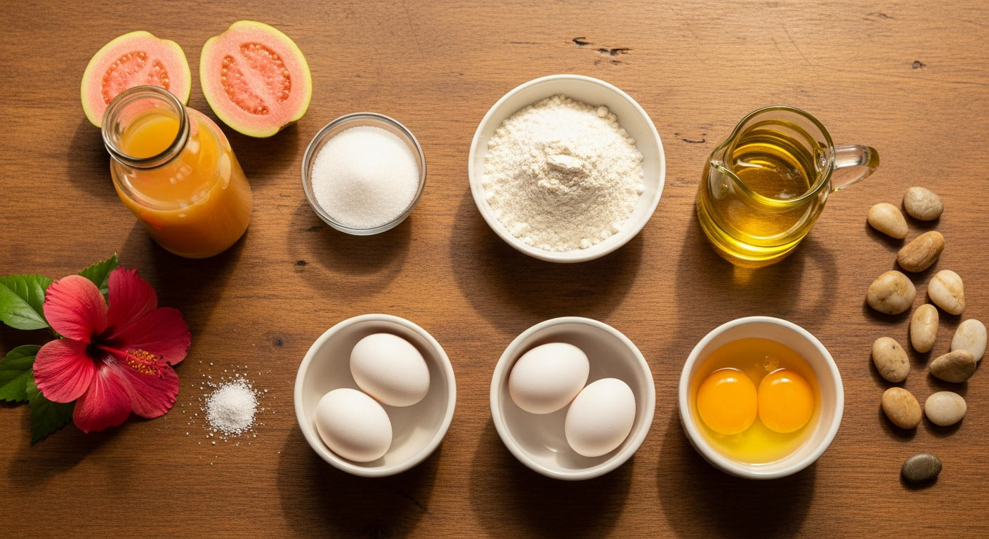 Flat lay of guava chiffon cake ingredients including cake flour, eggs, guava nectar, sugar, vegetable oil, and cream of tartar