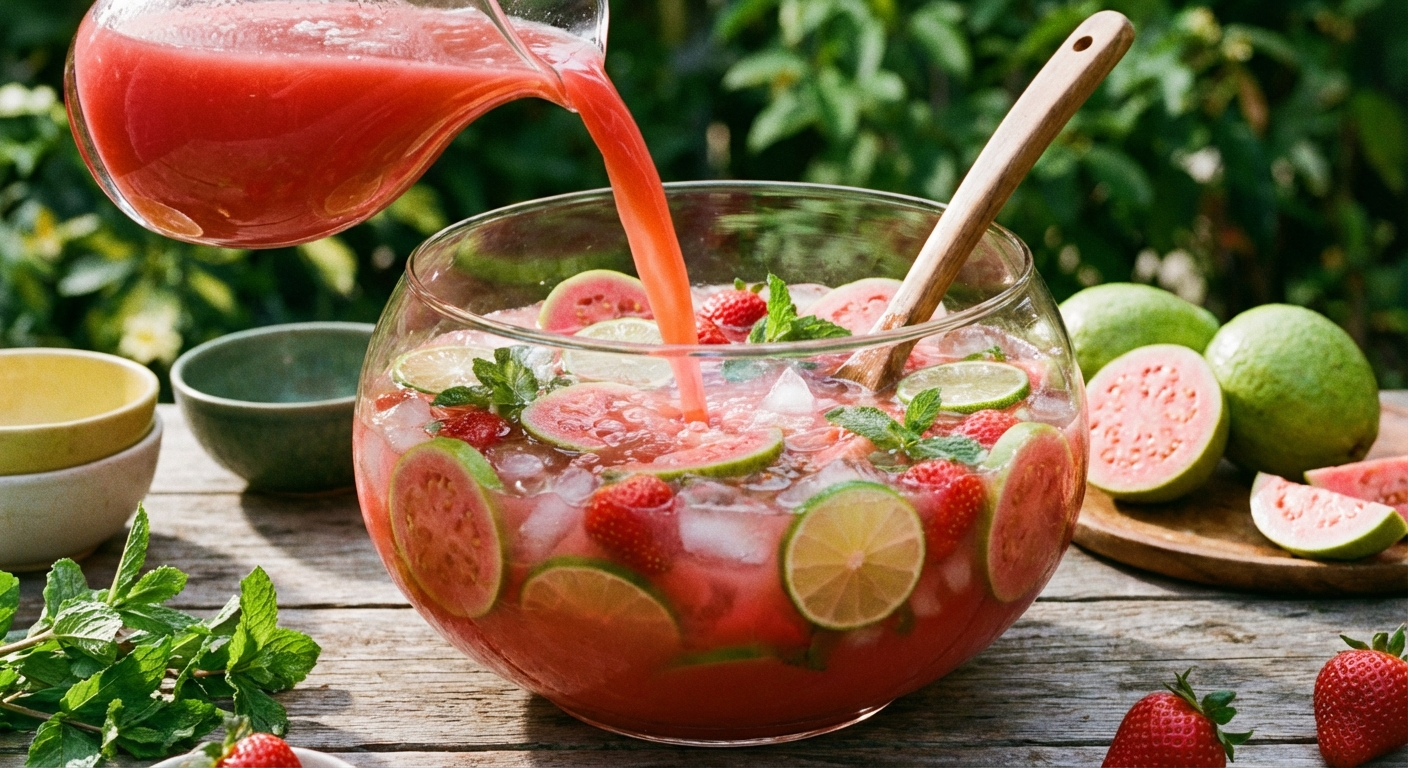 Guava nectar punch being mixed in a large glass punch bowl with pink-red liquid and fresh fruit floating