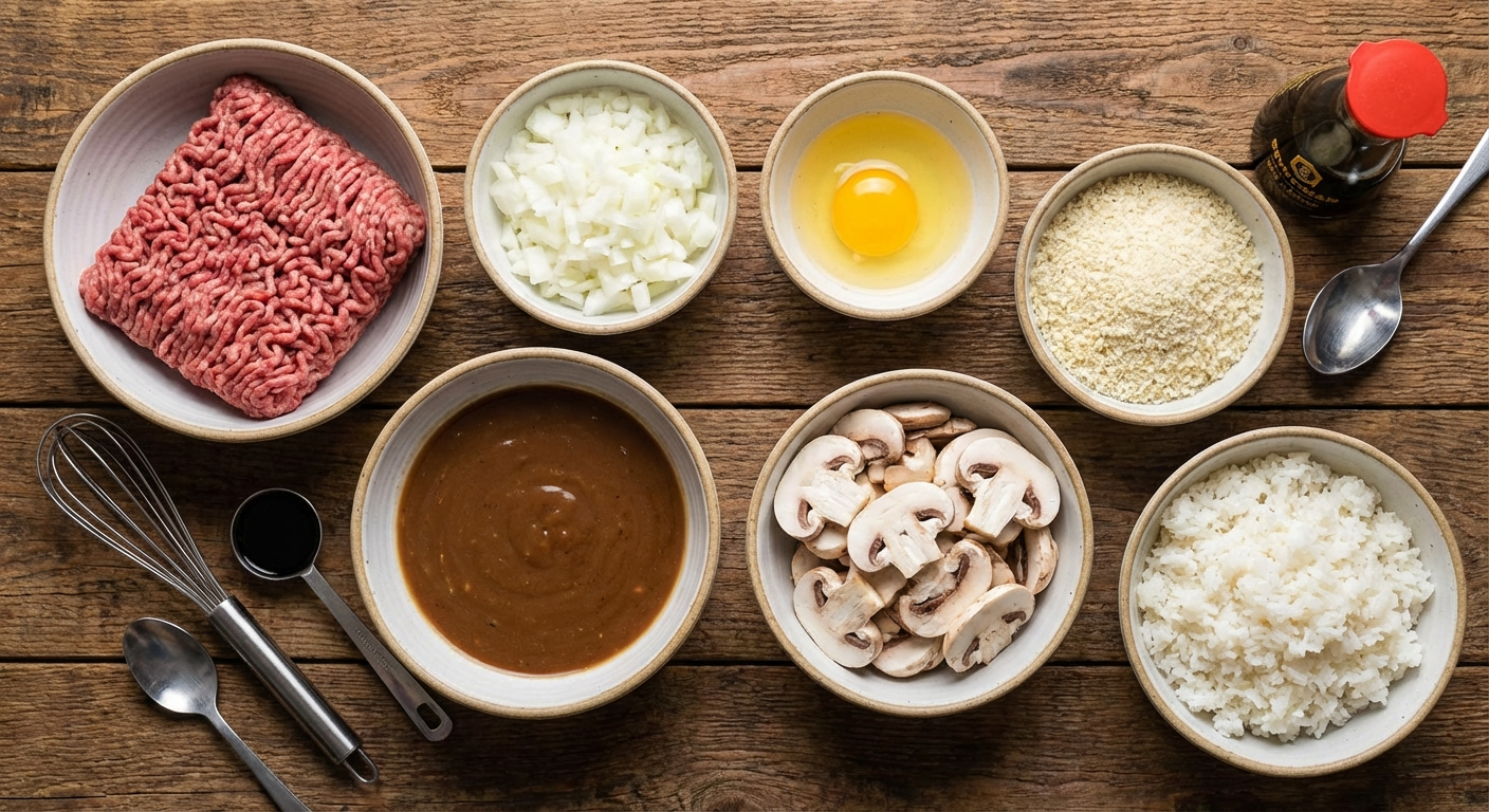 Overhead flat lay of Hawaiian hamburger steak ingredients - ground beef, onion, egg, panko breadcrumbs, brown gravy mix, mushrooms, and white rice arranged in prep bowls