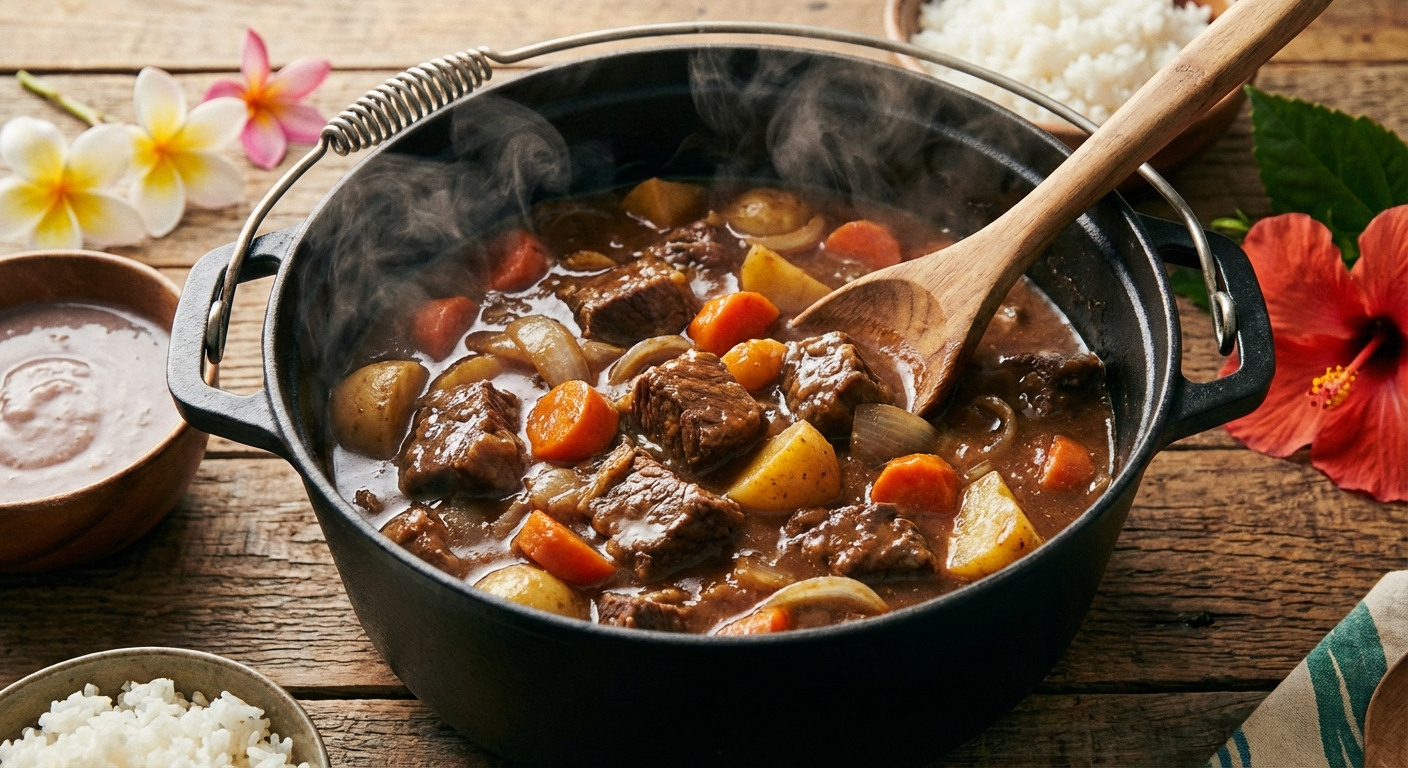 Hawaiian beef stew simmering in a Dutch oven with chunks of beef and vegetables in rich dark gravy with steam rising