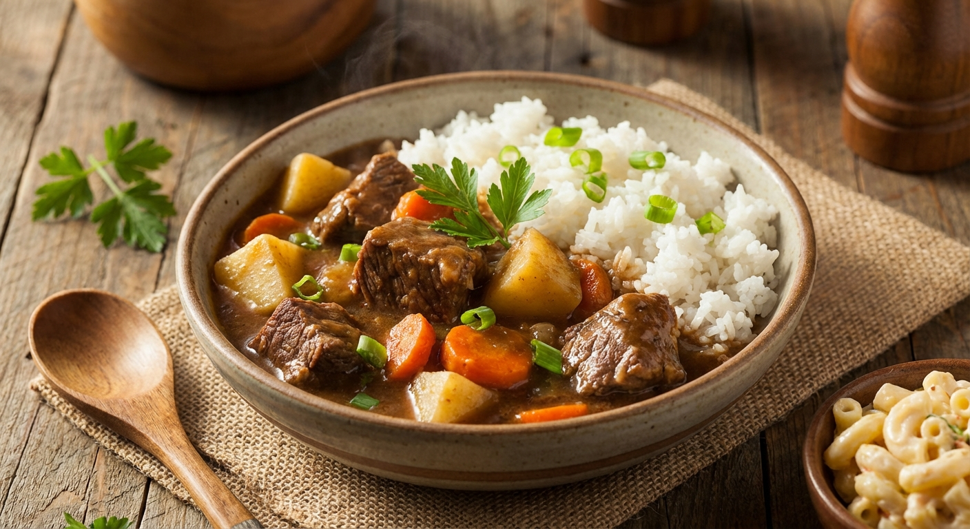 Hawaiian beef stew served over white rice in a bowl with tender beef chunks, potatoes, and carrots in thick savory gravy