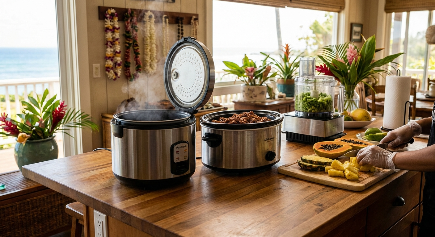 Hawaiian meal prep in progress using multiple kitchen appliances with rice cooking, meat in slow cooker, and vegetables being processed